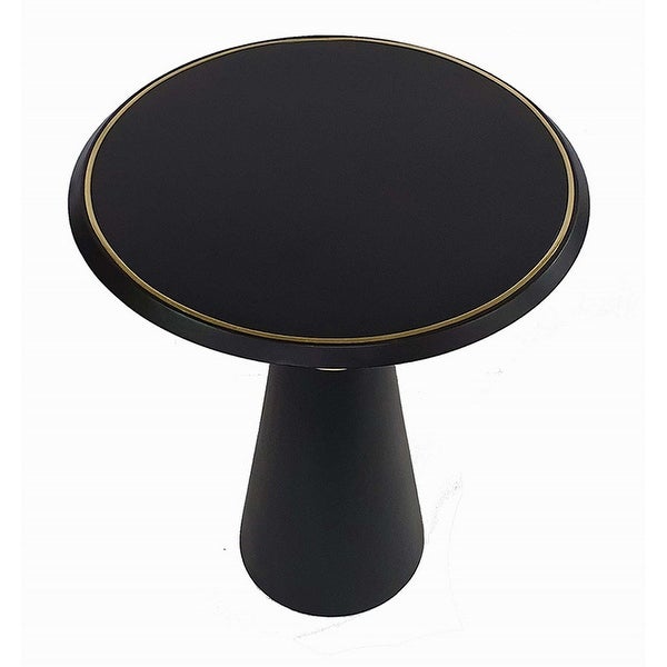 22 Inch Round Mango Wood Side Table， Smooth Brass Accents， Black Finish