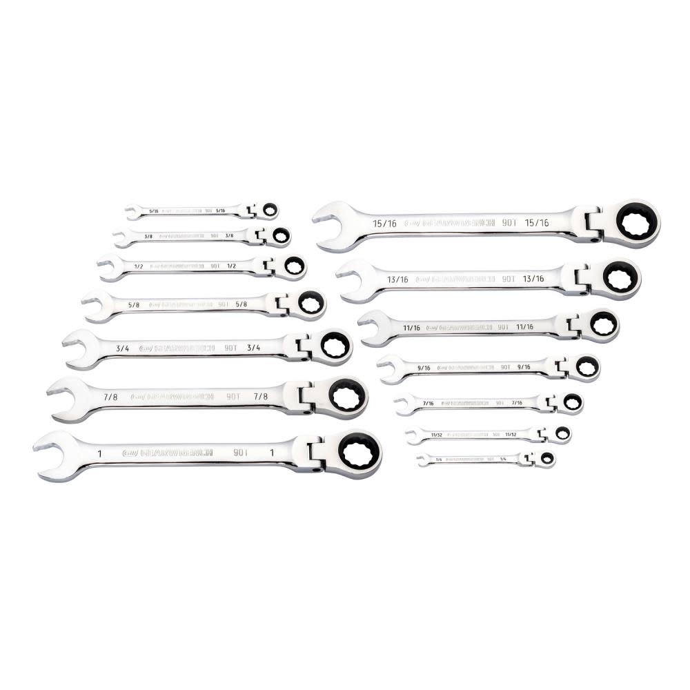 14 Pc 90T 12 Point Flex Head Ratcheting Combination SAE Wrench Set ;