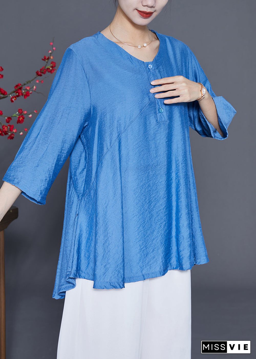 Blue Patchwork Silk Blouse Top Oversized Bracelet Sleeve