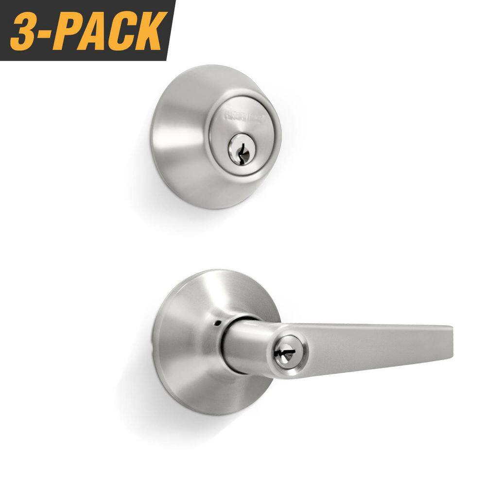 Premier Lock Stainless Steel Entry Door Handle Combo Lock Set with Deadbolt and 12 KW1 Keys Total (3-Pack Keyed Alike) LED03-3
