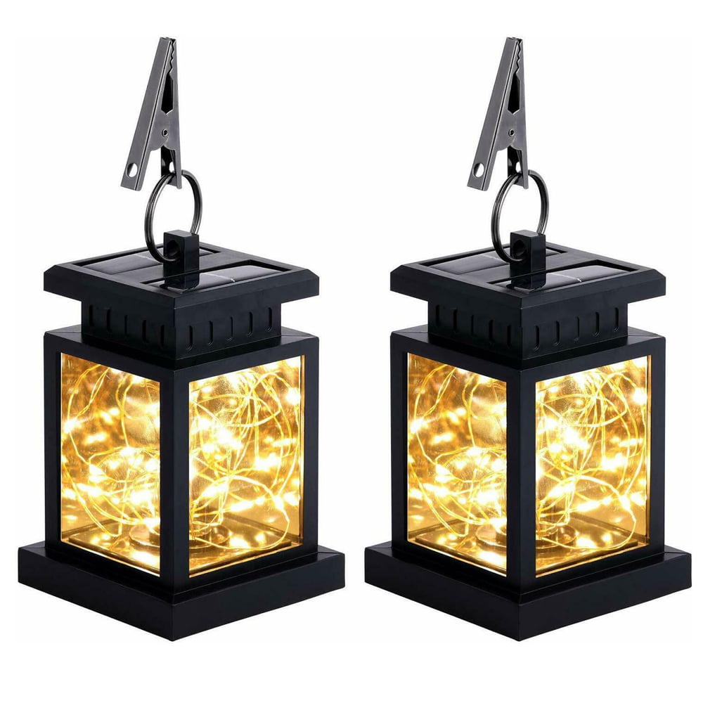 Waterproof Solar Hanging Lantern Lights， 2 Pack LED Outdoor Yard Patio Garden Lamp， Black