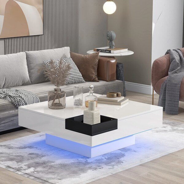 LED Coffee Table for Living Room High Gloss Square Wooden Center Table with 16-Color LED Light Modern Elegant Cocktail