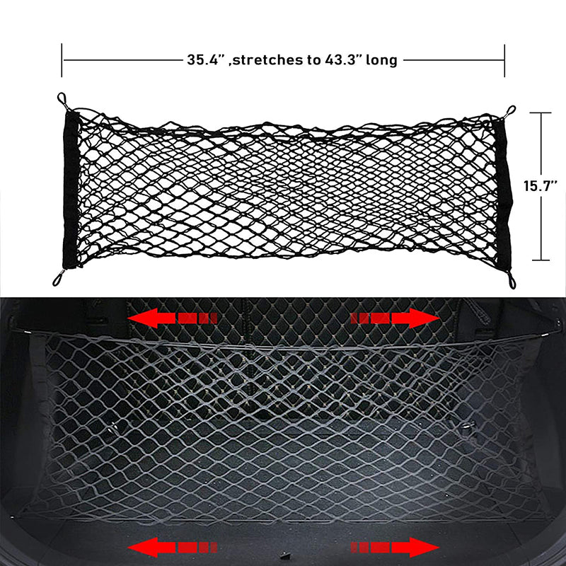 Universal Trunk Cargo Net， Rear Cargo Net Stretchable， Storage Mesh Double-Layer with Hooks， Trunk Cargo Organizer Compatible for SUV， Jeep， Truck