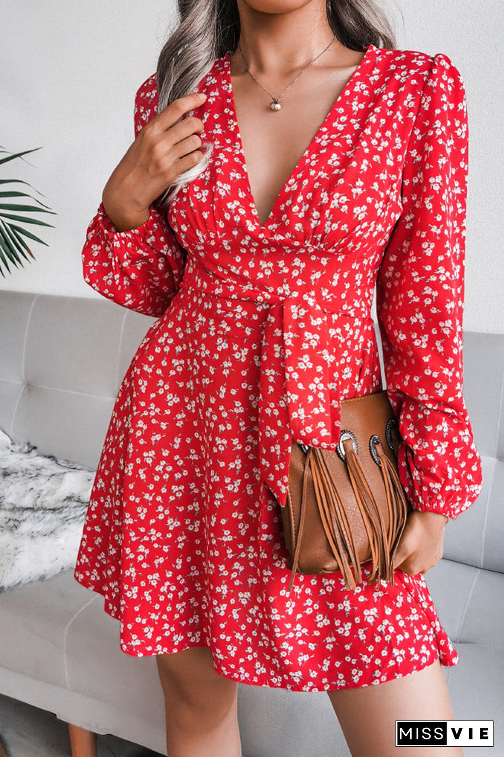 V Neck High Waist Floral Dress With Sash