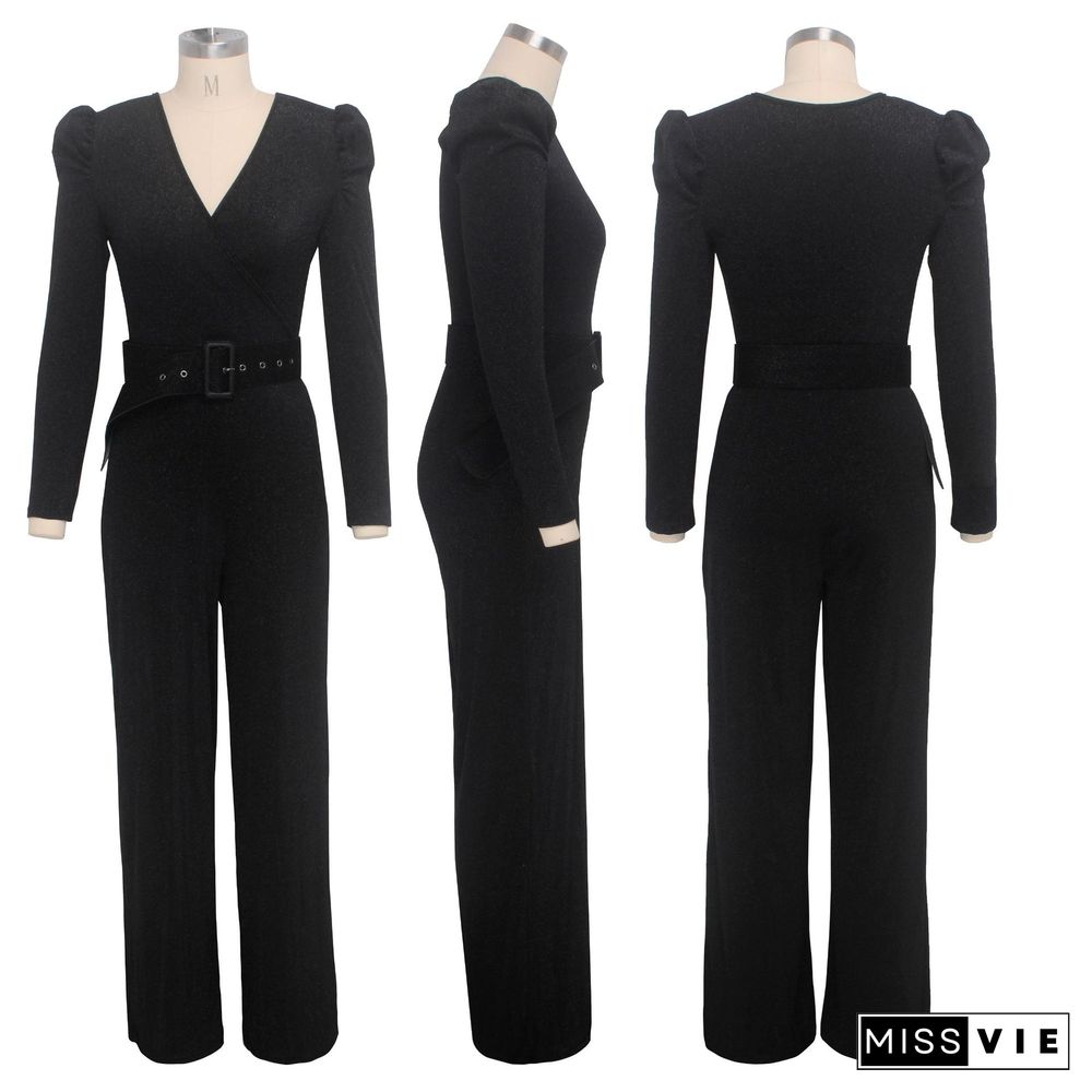 Sexy V-neck Full Sleeve Straight-legs Jumpsuit (with Belt)