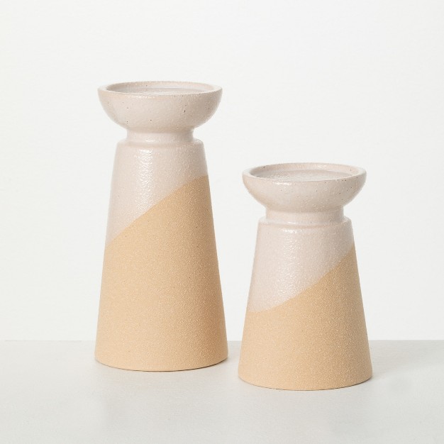 Sullivans Hand thrown Pottery Pillar Candle Holder Set Of 2 8 5 quot h amp 6 25 quot h Off white