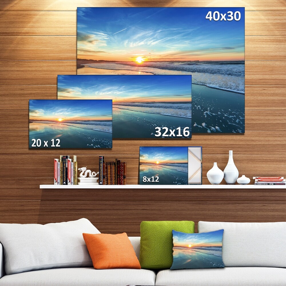 Blue Seashore with Distant Sunset   Seashore Canvas Wall Art