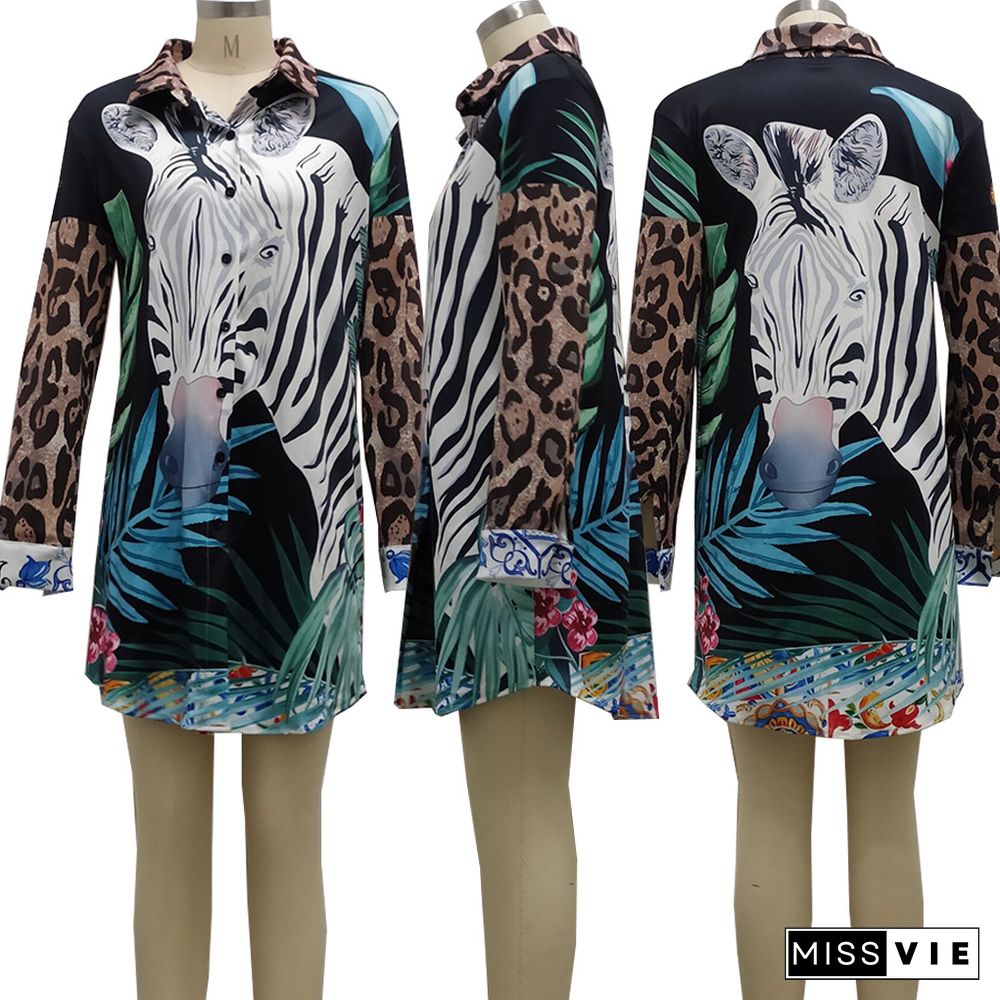 Women Chic Fashion Animal Print Vintage Long Sleeve Button-Up Shirt Loose Fit Mini Dress