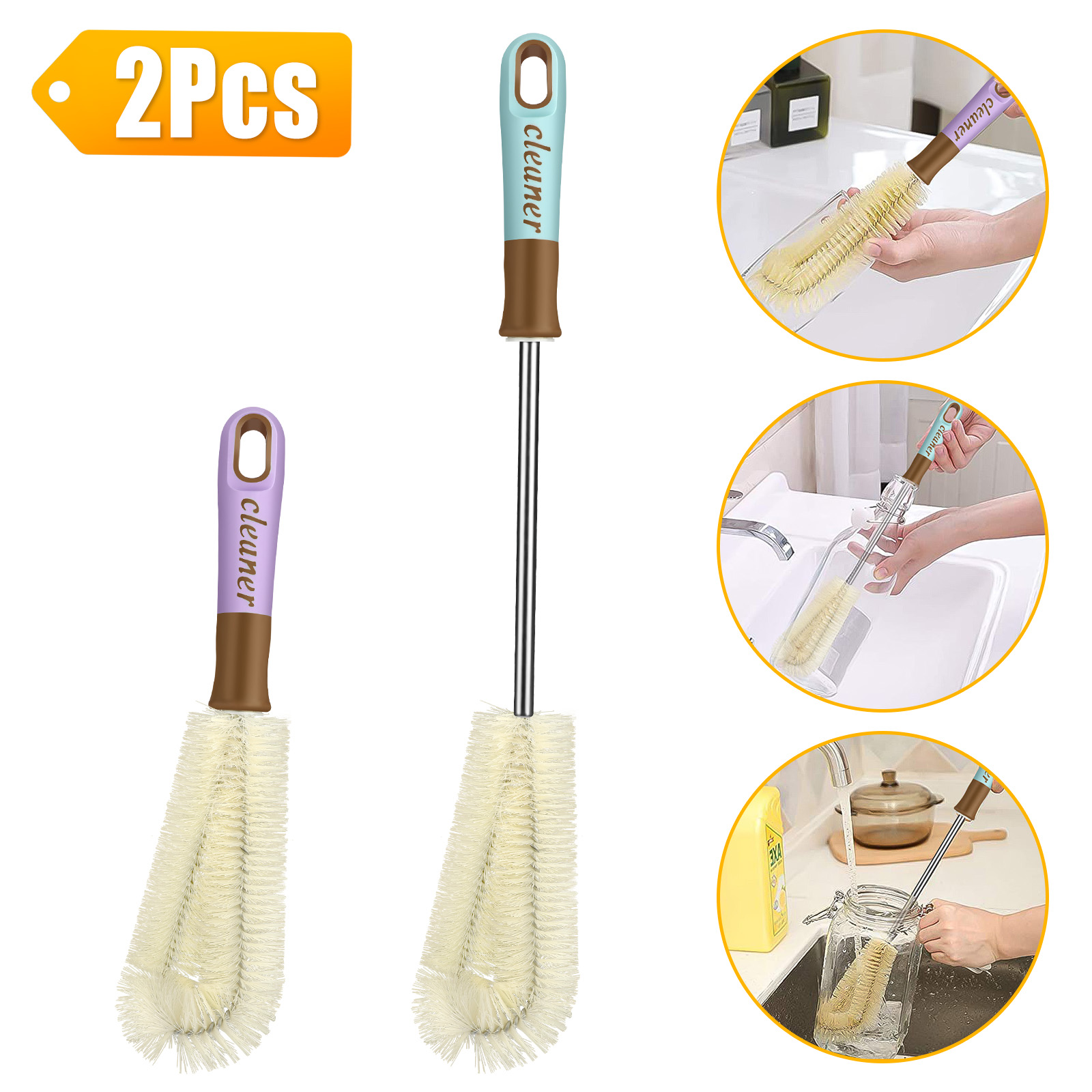 2pcs Water Bottle Brushes， TSV Bottle Brush Cleaner with Durable Handle， Long Handle Bottle Cleaner for Washing Narrow Neck Beer Bottles， Sports Water Bottles with Straw Brush， Lid Cleaner Brushes