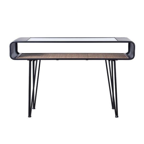 Aaron - Table - Graphite Metal， Clear Glass Top， Rattan Lower Shelf