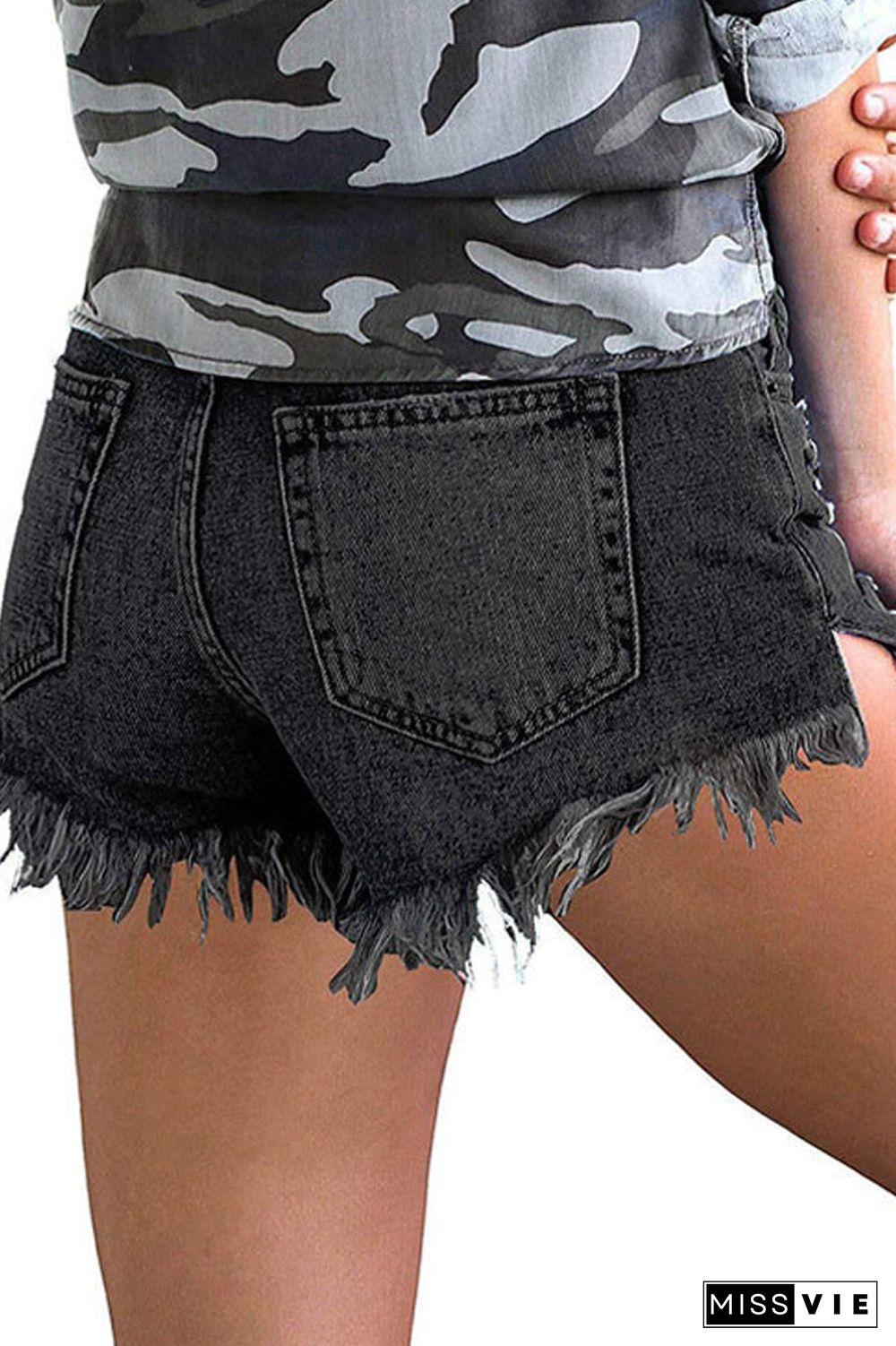 Denim Tassel High Waist Hole Distressed Shorts