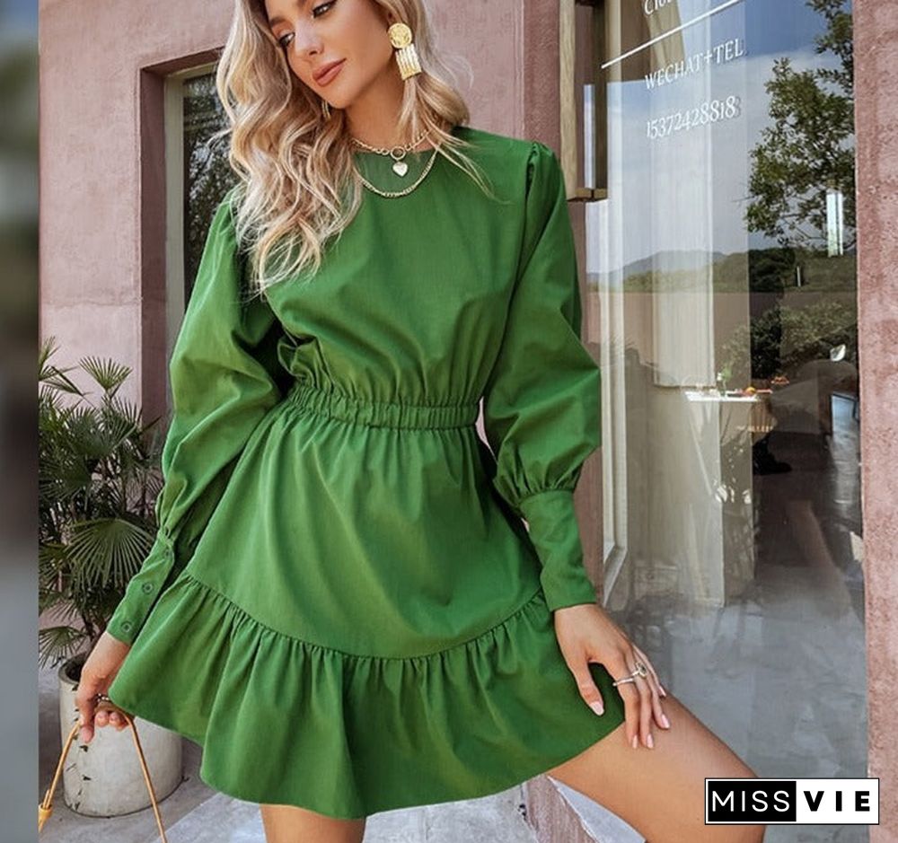 Elegant Lantern Sleeves A-Line Ruffled Women Dress Green Elastic Waist O-Neck Solid Mini Dresses Female College Vestido