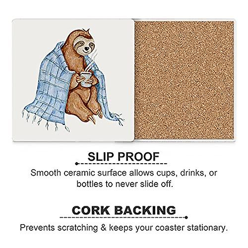 Colourlife Sloth With Coffee And Blanket Printed Square Ceramic Coaster For Drinks With Cork Base For Coffee Cups Place Mats For Home Decor Set Of 6 P