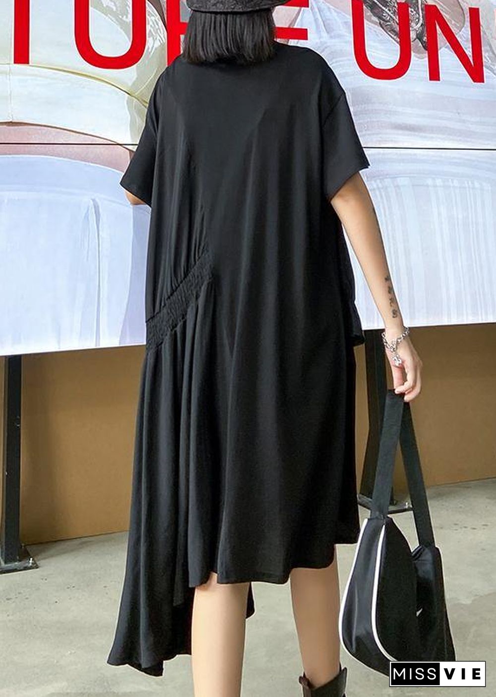 Women black Tunics o neck Cinched Maxi asymmetric Dress