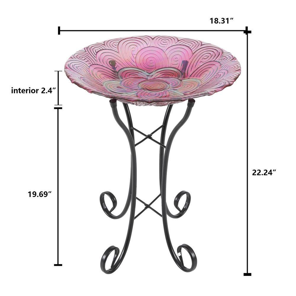 Luxen Home Pink Swirl Flower Glass Bird Bath with Metal Stand WHP1163