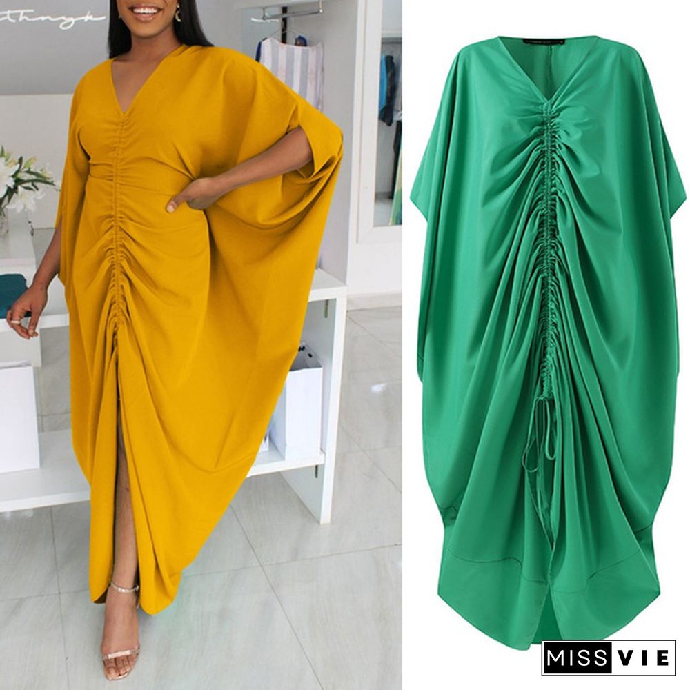 Womens Batwing Sleeve Long Dress Asymmetrical Drawstring V Neck Casual Loose Maxi Dress Tunic Plus Size