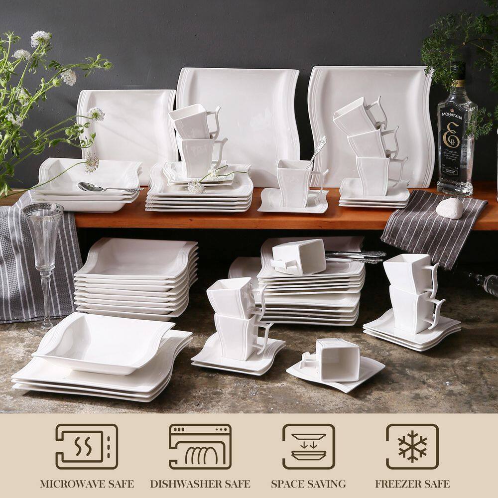 MALACASA Flora 60-Piece White Porcelain Dinnerware Set Plates Cups and Saucer (Set Service for 12) FLORA-30*2