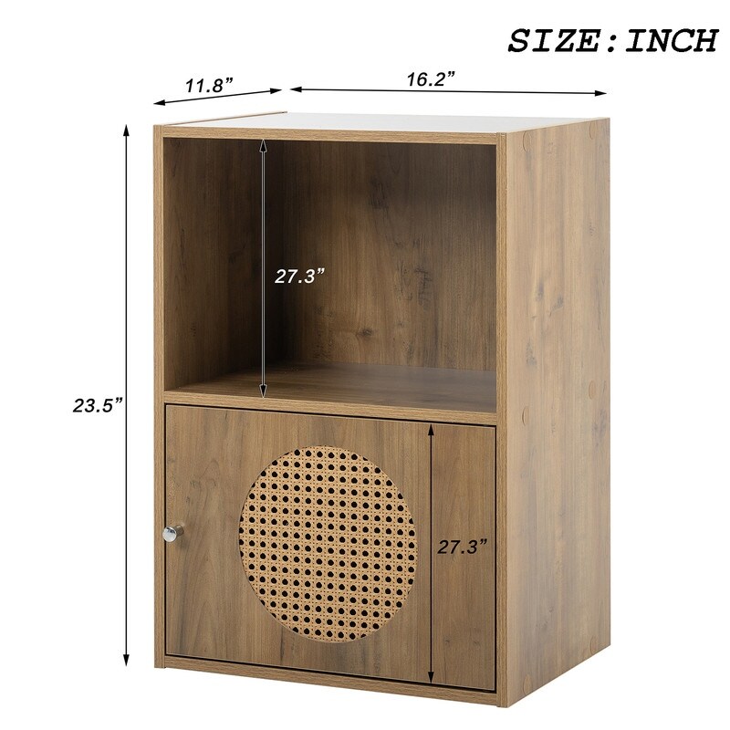 Grondin Boho Style Accent Floor Storage Cabinet with Rattan Doors  Bathroom Linen Cabinet with Open Storage for Home Office