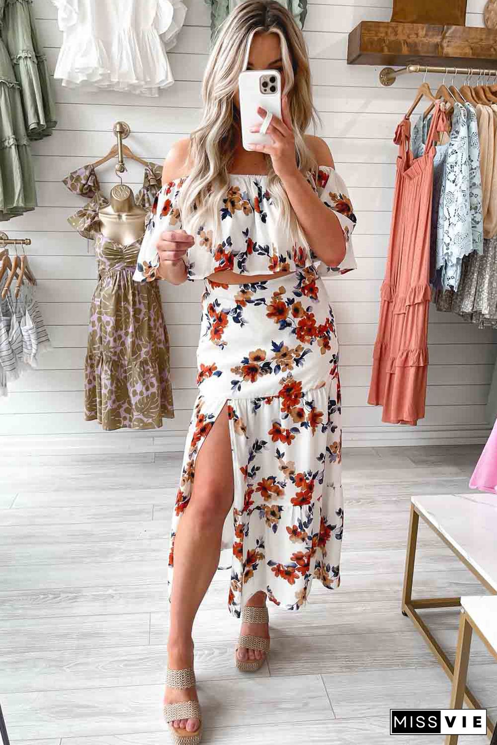 White Floral Print Off-shoulder Crop Top and Maxi Skirt Set