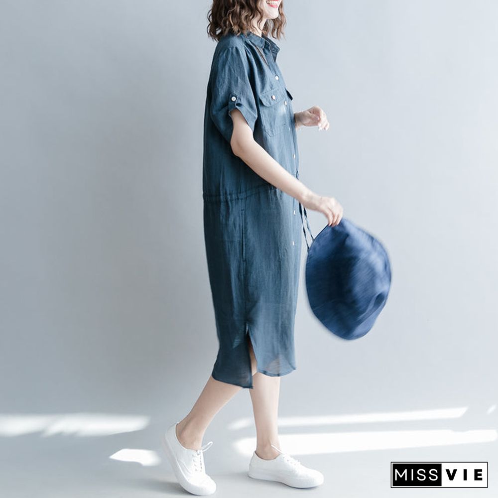 boutique navy linen dresses oversize linen clothing dresses short sleeve pockets Turn-down Collar midi dress