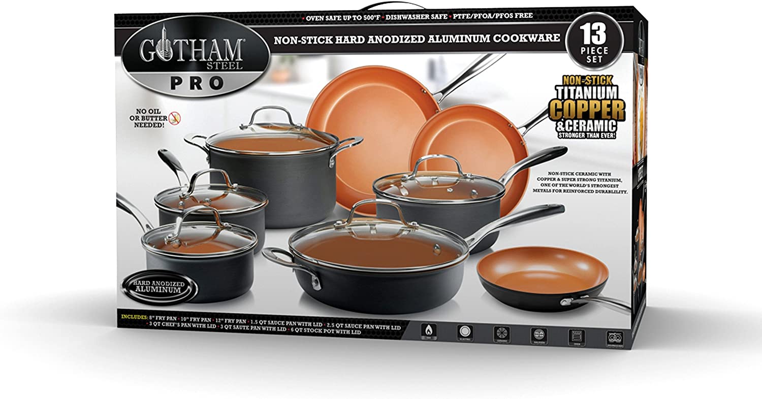 Gotham Steel Pro Pots and Pans Set Nonstick 13 Piece Hard Anodized Kitchen Cookware Sets with Nonstick Ceramic Cookware Set， Oven， Dishwasher Safe Metal Utensil Safe Non Stick Frying Pan Set， Nonstick