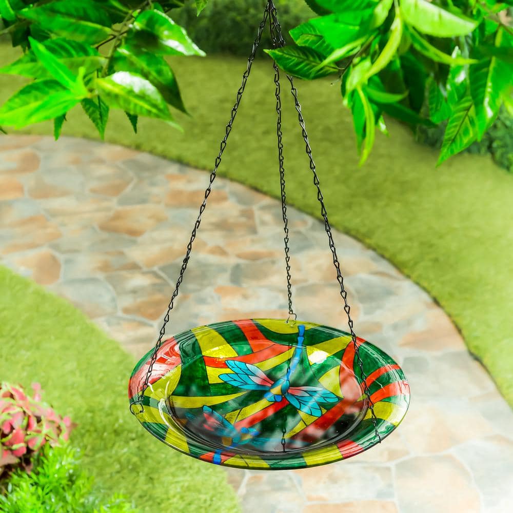 Evergreen Dragonflies 14 in. Glass Hanging Birdbath 2GB7008