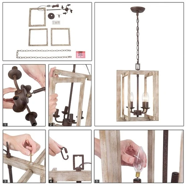 Farmhouse 4-Light Rustic Wood Geometric Chandelier Lantern Island Lights - 12.5'' L x 12.5'' W x 17'' H Shopping - The Best Deals on Chandeliers