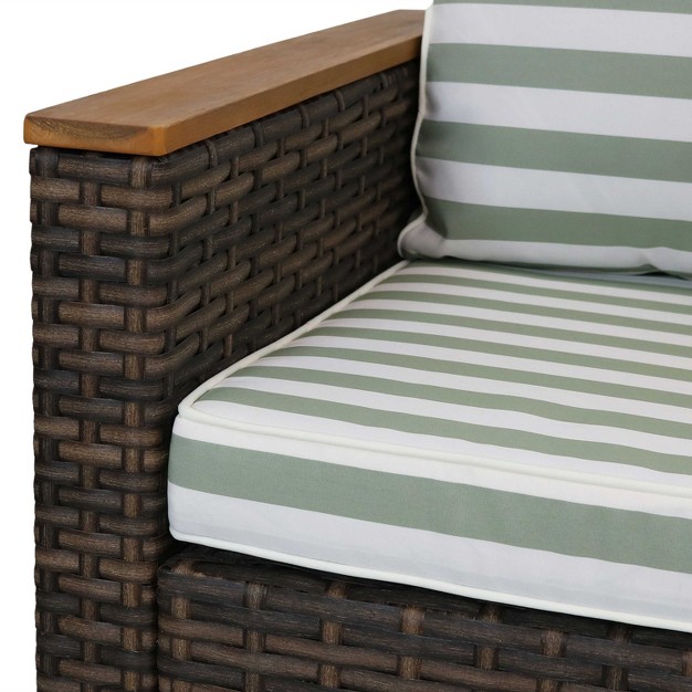 Sunnydaze Outdoor Rattan And Acacia Wood Kenmare Patio Conversation Furniture Set With Loveseat Chairs Table And Seat Cushions Green Stripe 4pc