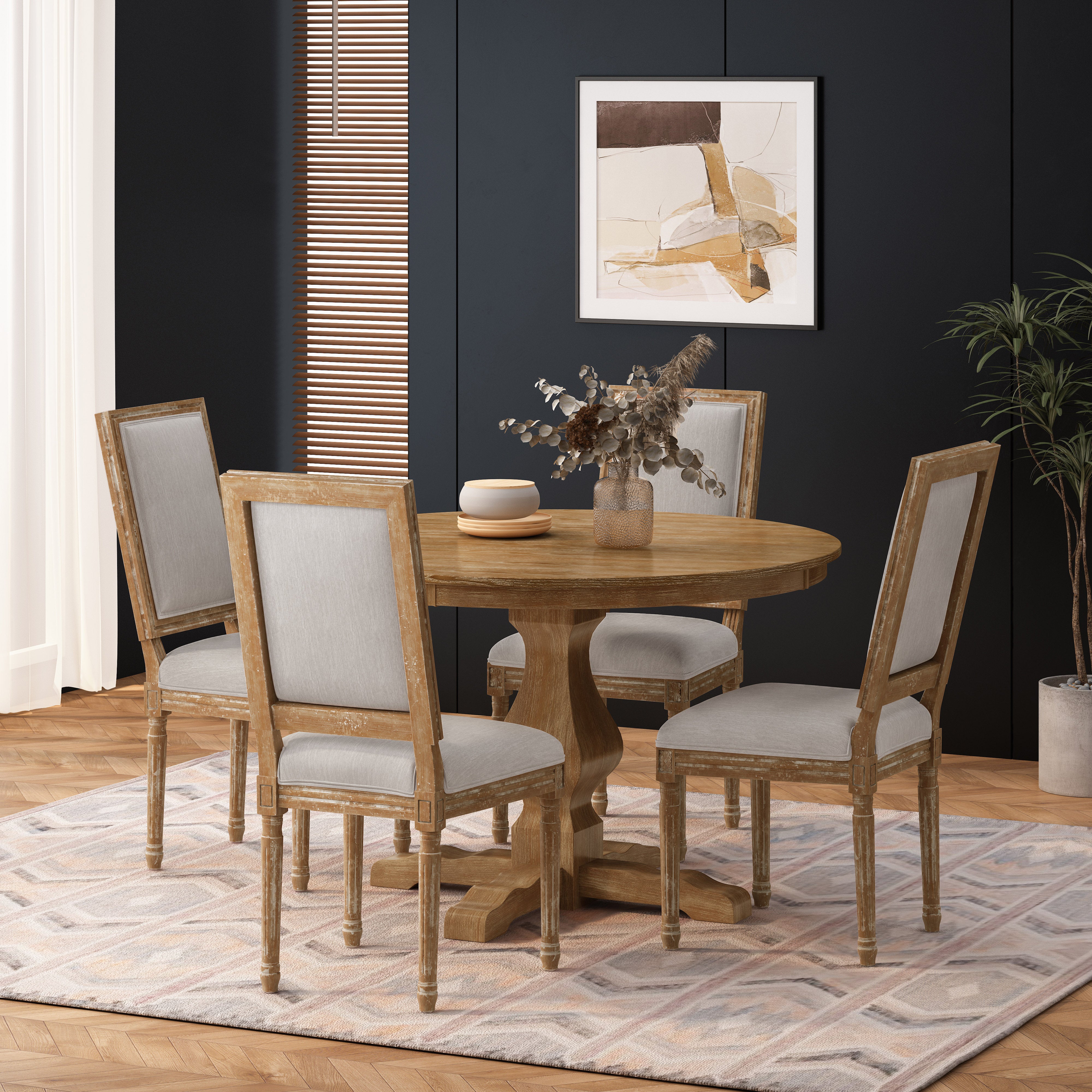 Merlene French Country Fabric Upholstered Wood 5 Piece Circular Dining Set