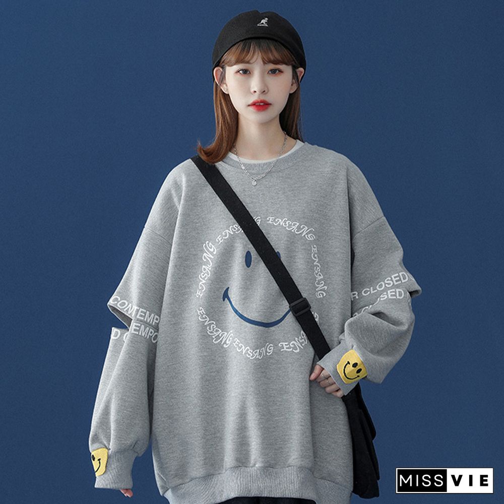 Smiley Letters Print Loose Sweatshirt