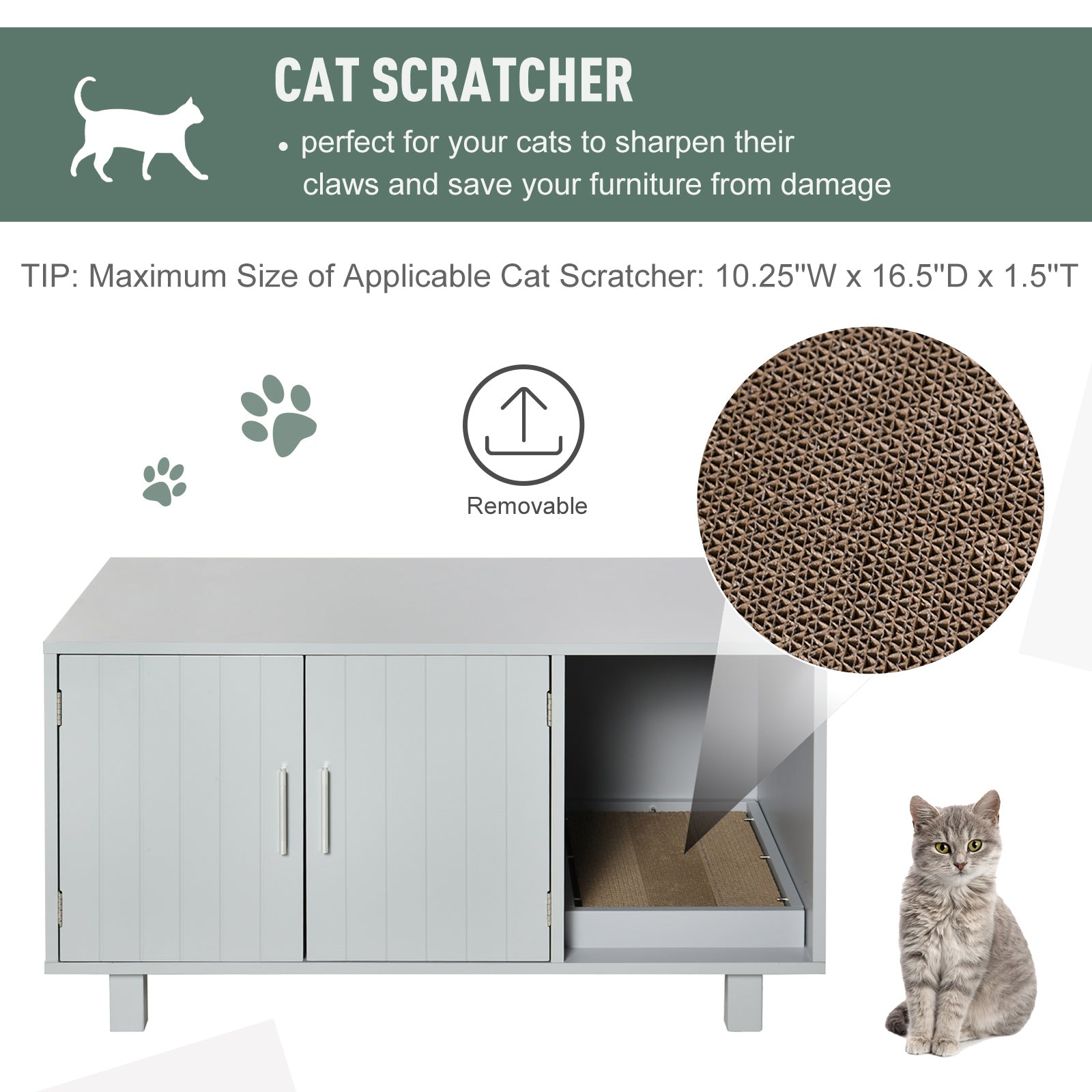 PawHut Cat Litter Box Enclosure and House w/ Nightstand/End Table Design， Grey