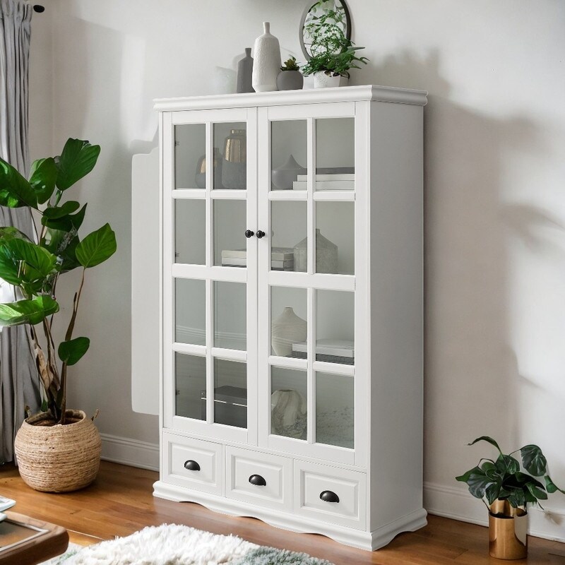 Storage Cabinet with Tempered Glass Doors 3 Drawers Curio Cabinet with Adjustable Shelf Display Cabinet