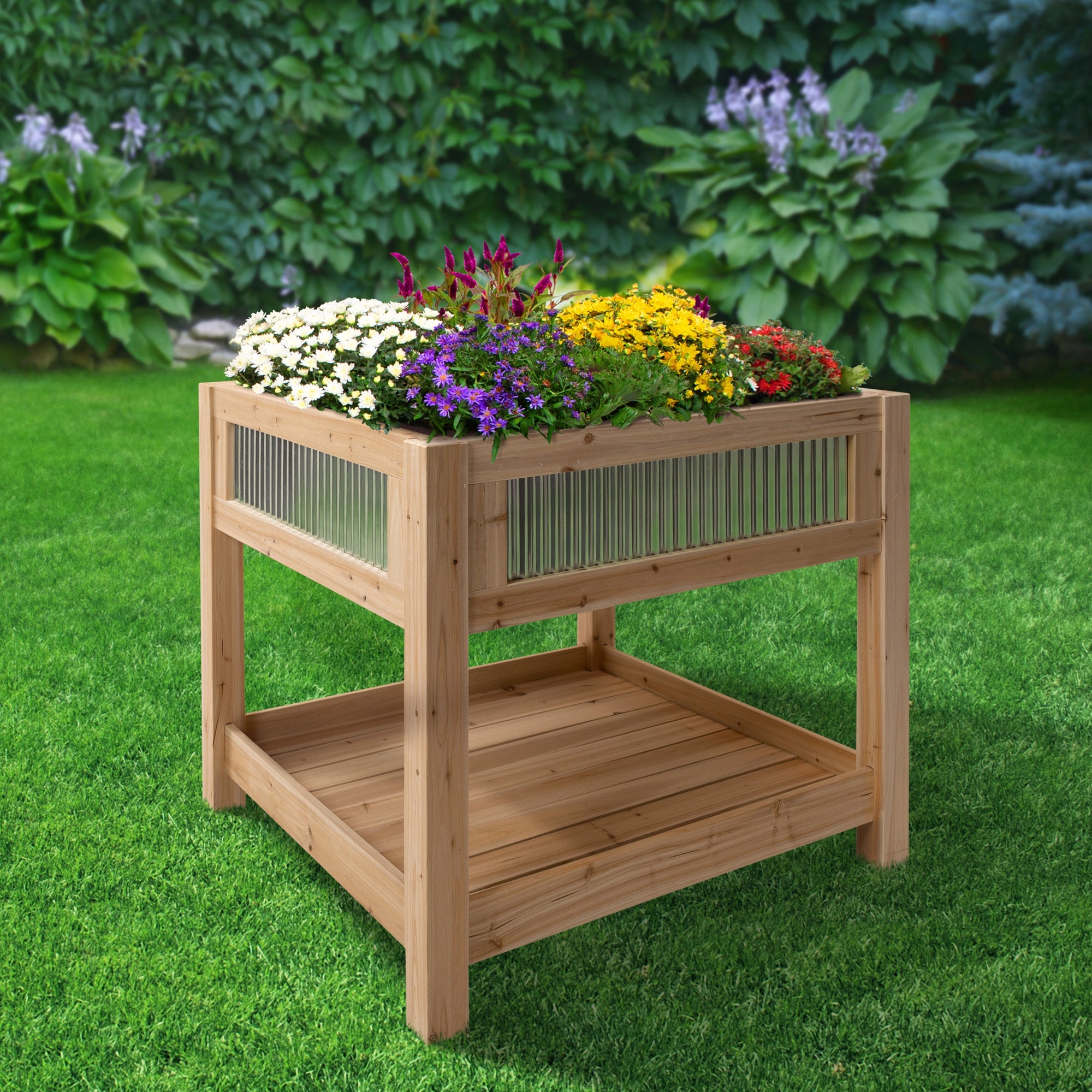 Outdoor Essentials 3 ft. x 3 ft. Cedar & Corrugated Metal Elevated Planter with Shelf