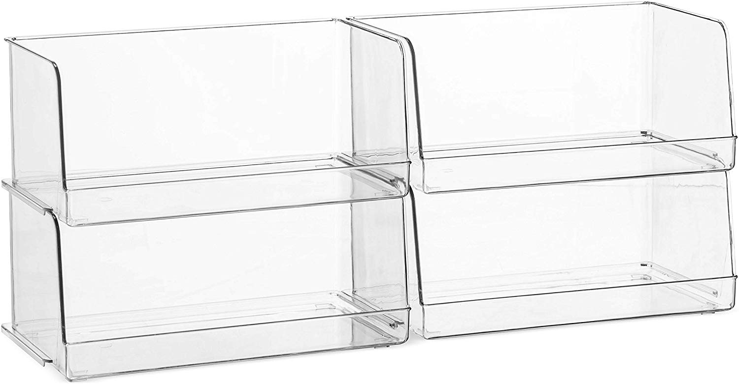 Set Of 4 Clear Pantry Organizer Bins Stackable Household Plastic Food Storage Basket with Wide Open Front for Kitchen， Countertops， Cabinets， Refrigerator， Freezer， Bedrooms， Bathrooms - 12 Wide