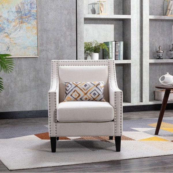 Linen Accent Armchair Living Room With Nailheads And Solid Wood Legs