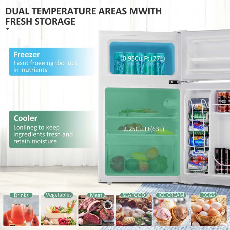 3.2 Cu.Ft 2-Door Compact Refrigerator Mini Freezer Cooler Fridge with Reversible Stainless Steel Door