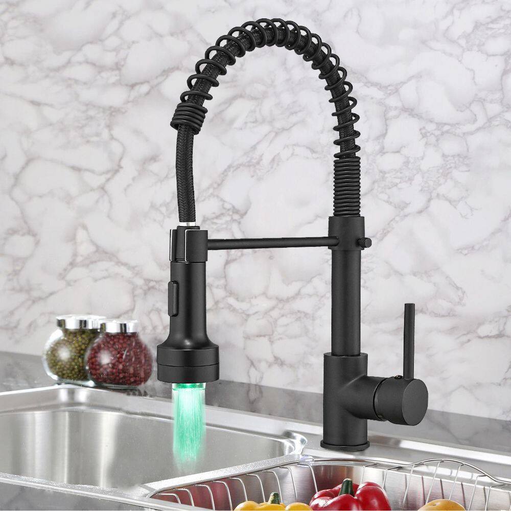 GIVING TREE Single-Handle Spring Spout Pull Out Sprayer Kitchen Faucet with LED Light in Matte Black HDLTQA0004