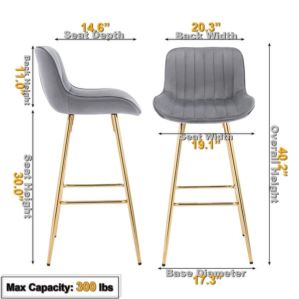 30 inches Bar Stools Set of 2， Velvet Bar Height Stools with Golden Base， Modern Counter Height Chair with Footrest (Gray)