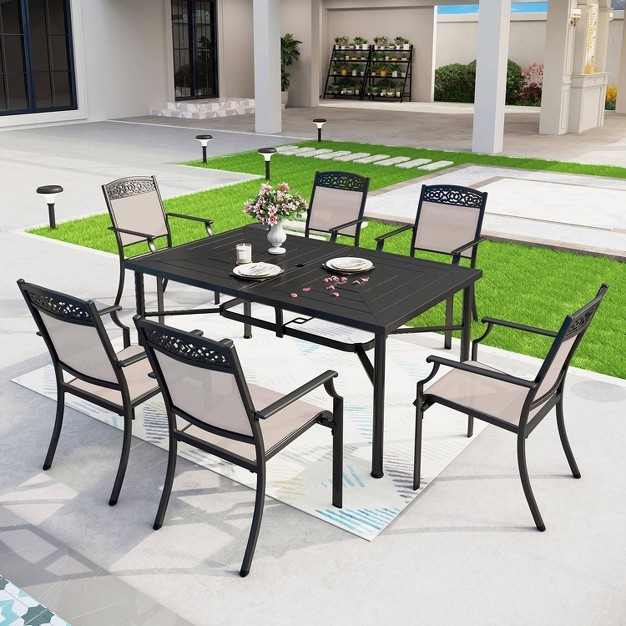 7pc Outdoor Dining Set With Sling Chairs amp Large Rectangle Table With Umbrella Hole Captiva Designs