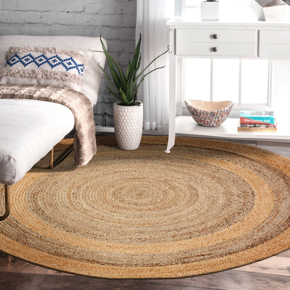 Woven Paths Two Toned Natural Jute Area Rug, 4' Round, Natural