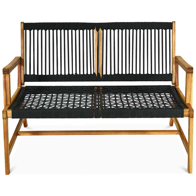 2-Person Acacia Wood Rope Bench Loveseat Chair, Outdoor Patio Garden Park Bench in Teak Oil Finish