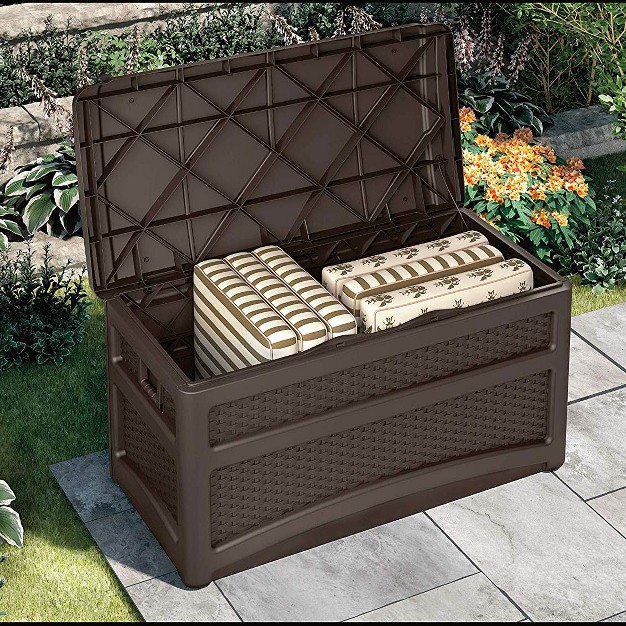 Suncast Dbw7500 73 Gallon Outdoor Patio Storage Chest With Handles amp Seat Java