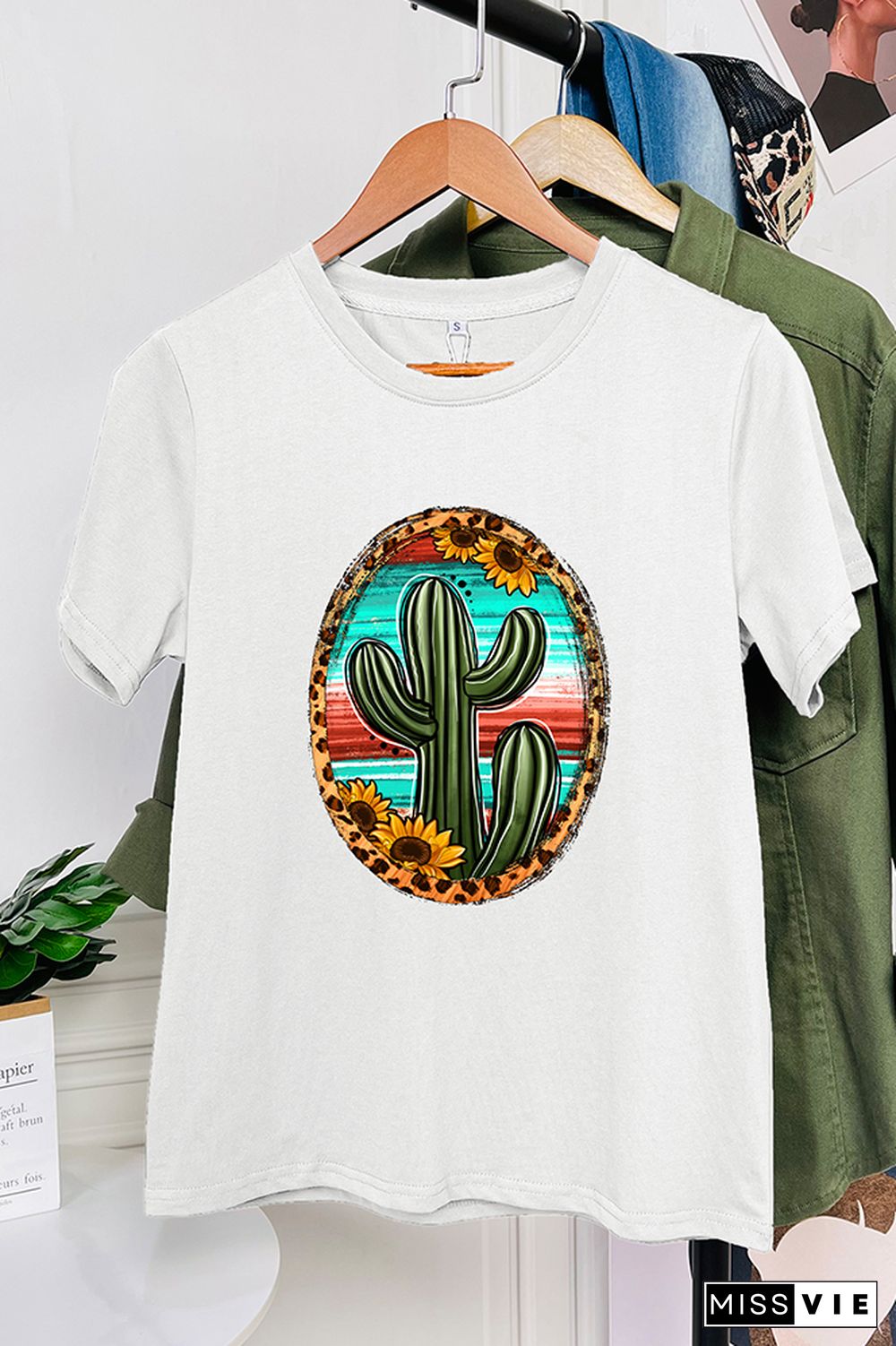 Serape And Sunflower Cactus Sleeve Graphic Tee Wholesale