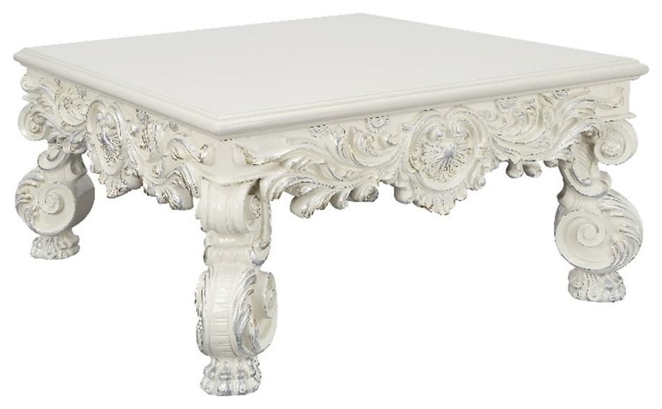 ACME Adara Square Wooden Top Coffee Table with Floral Legs in Antique White   Victorian   Coffee Tables   by Homesquare  Houzz