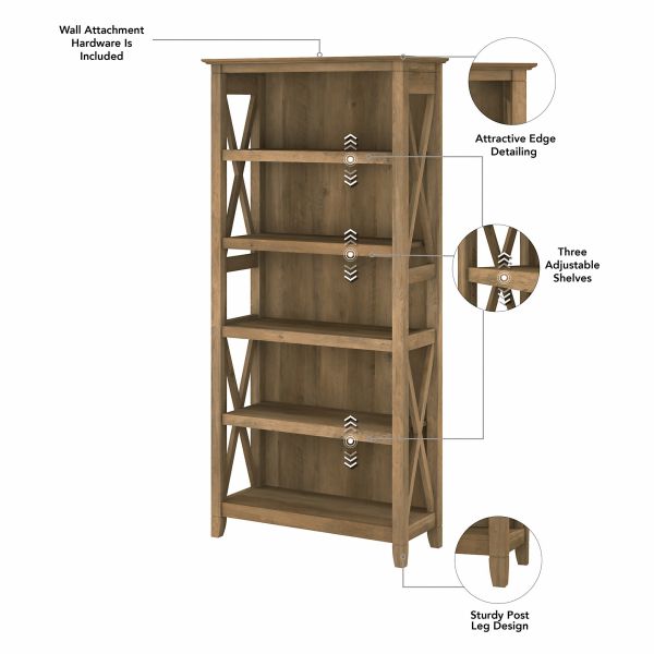 Bush Furniture Key West Tall 5 Shelf Bookcase in Reclaimed Pine