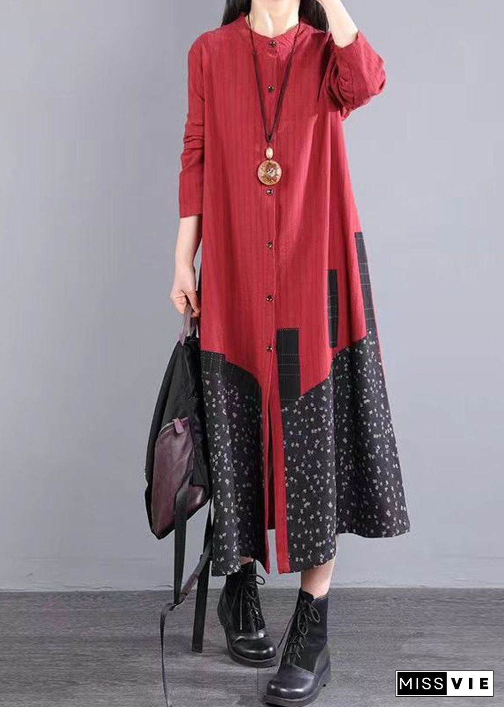 Boho Red Print Pockets Patchwork Cotton Long Dresses Fall