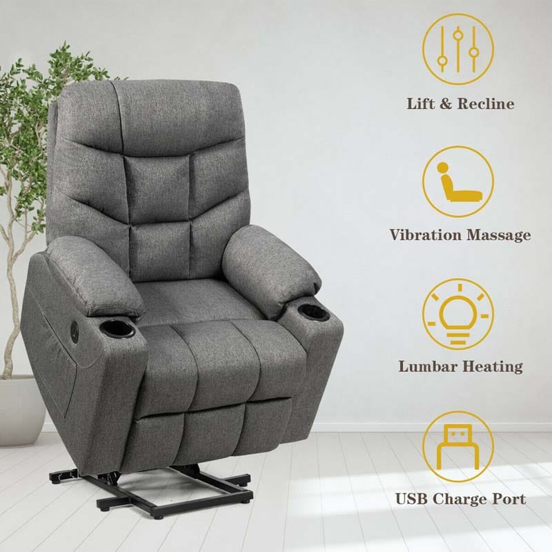 Heated Power Lift Recliner Fabric Massage Reclining Sofa, Elderly Lift Chair with 8 Point Massage, 2 Side Pockets Cup Holders, USB Port