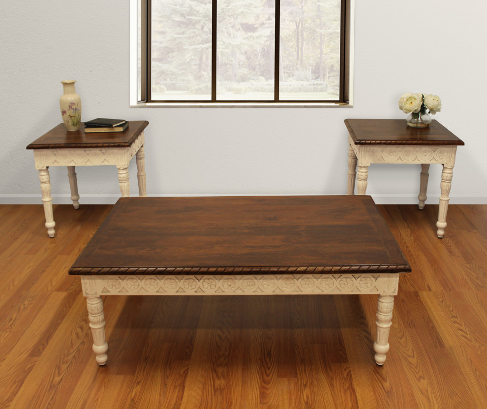 Bayliss 3 Piece Table Set With Handcarved Cocktail Table and 2 End Tables   French Country   Coffee Table Sets   by Moti  Houzz