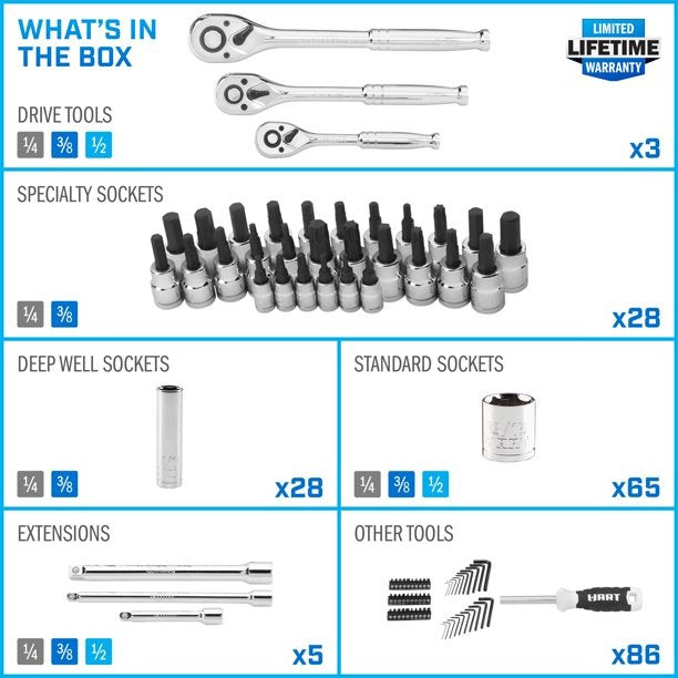 Hart 215-Piece Mechanics Tool Set， Multiple Drive， Chrome Finish