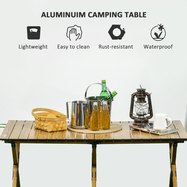 Outsunny 4ft Aluminum Camping Table，Folding RollUp Picnic Table with Carry Bag，Waterproof and Woodgrain Finish